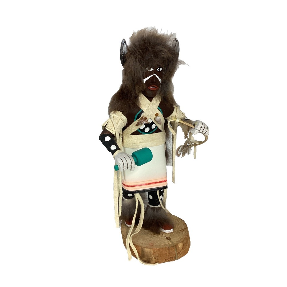 Brown Buffalo Kachina Doll 10.5 " Artist Signed J.K. Real Fur And Leather